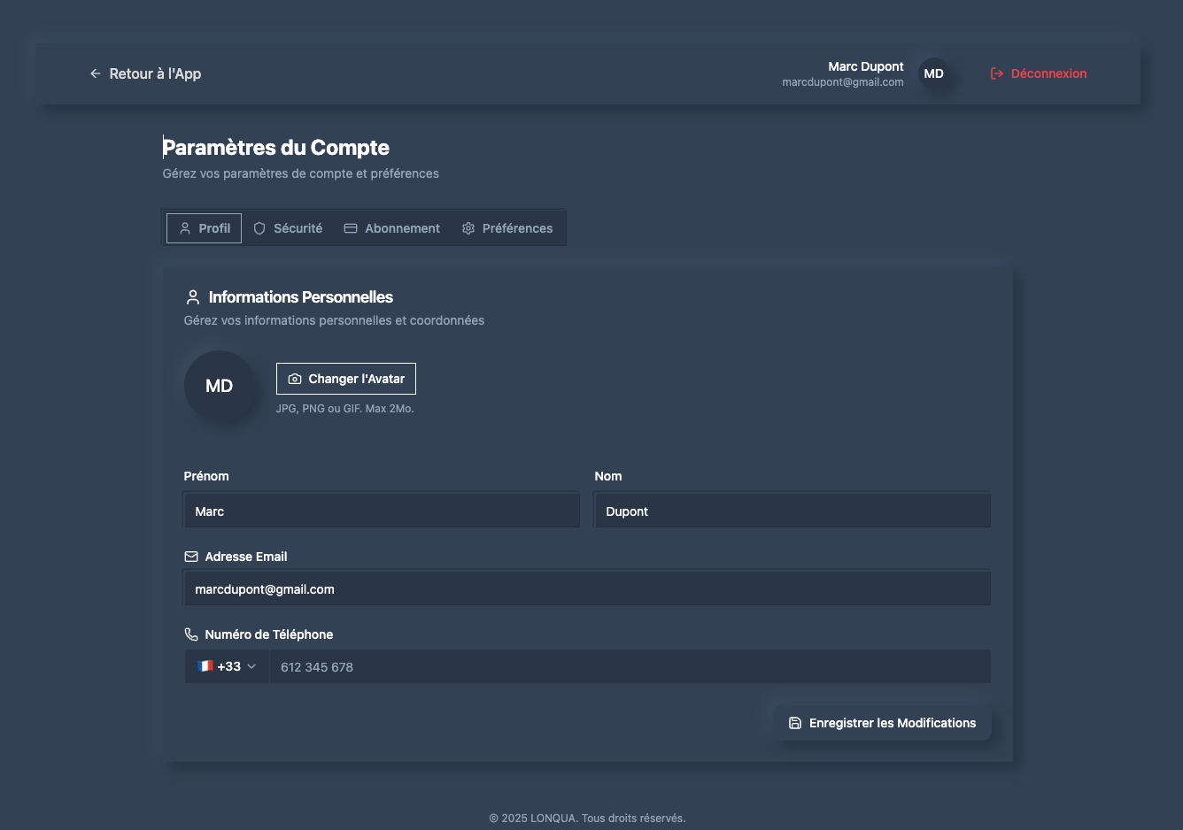 Illustration 1.6 Tableau de bord utilisateur