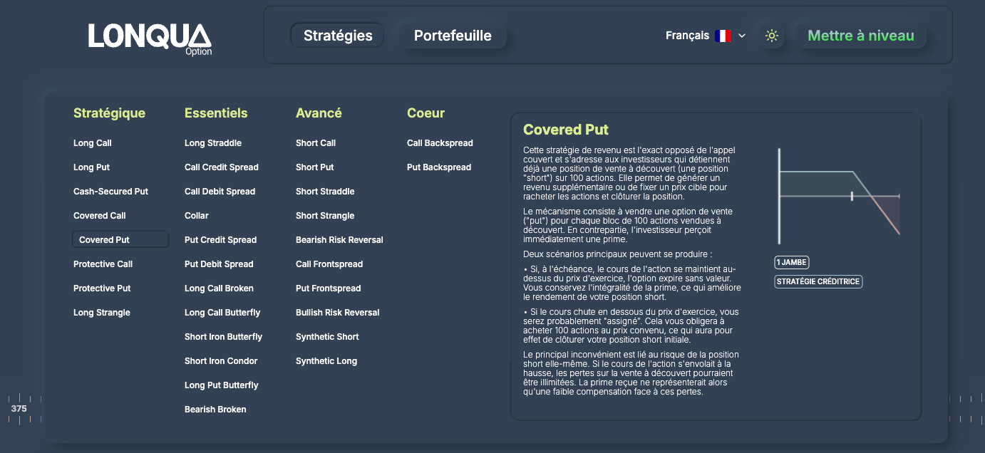 Interface montrant les 32 stratégies d'options disponibles sur la plateforme Lonqua