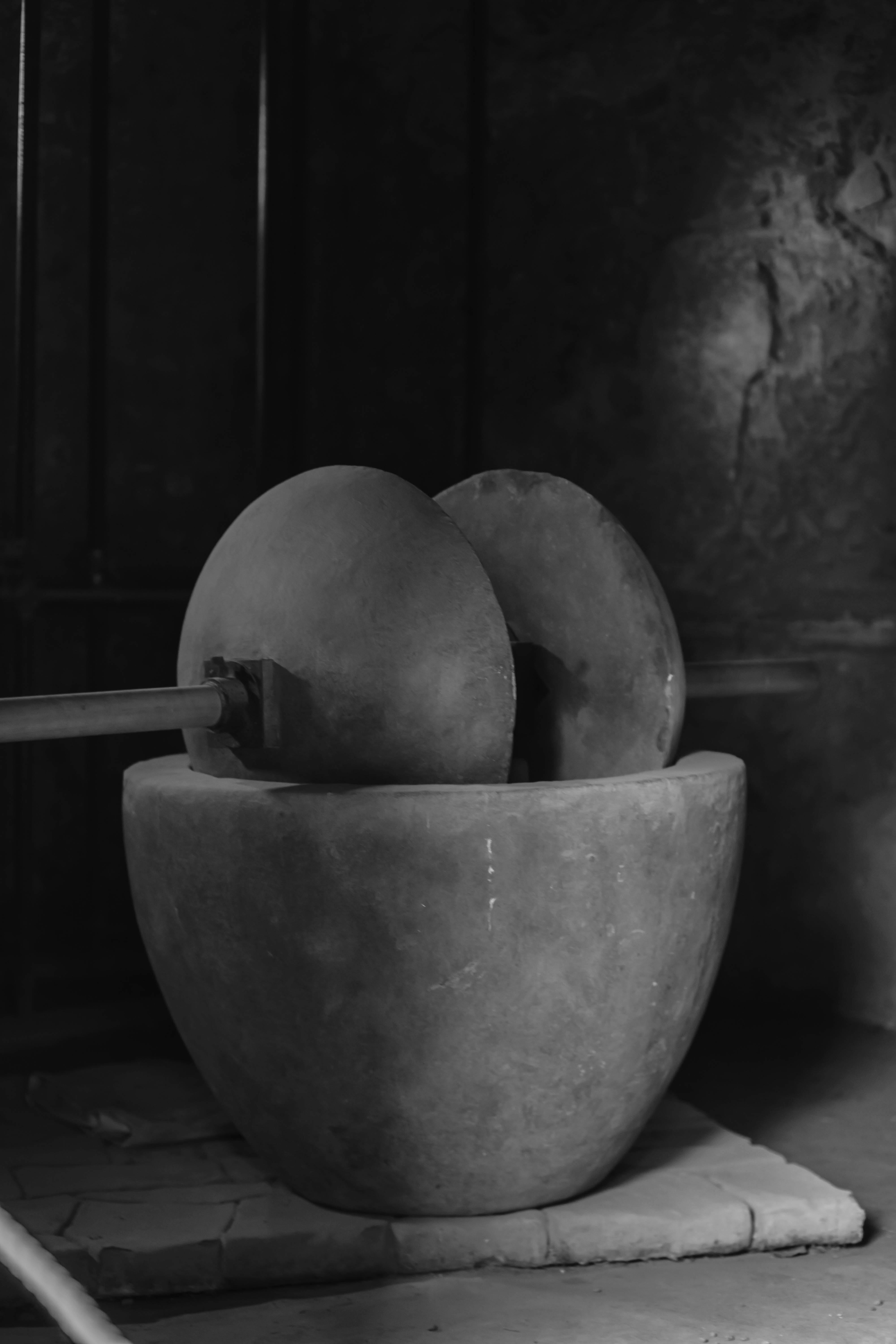 Nature morte artistique en noir et blanc avec des fruits, évoquant l'histoire antique des options