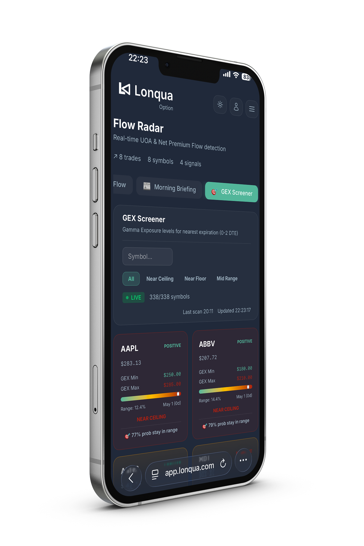 Lonqua GEX Screener — Flow Radar mobile mockup