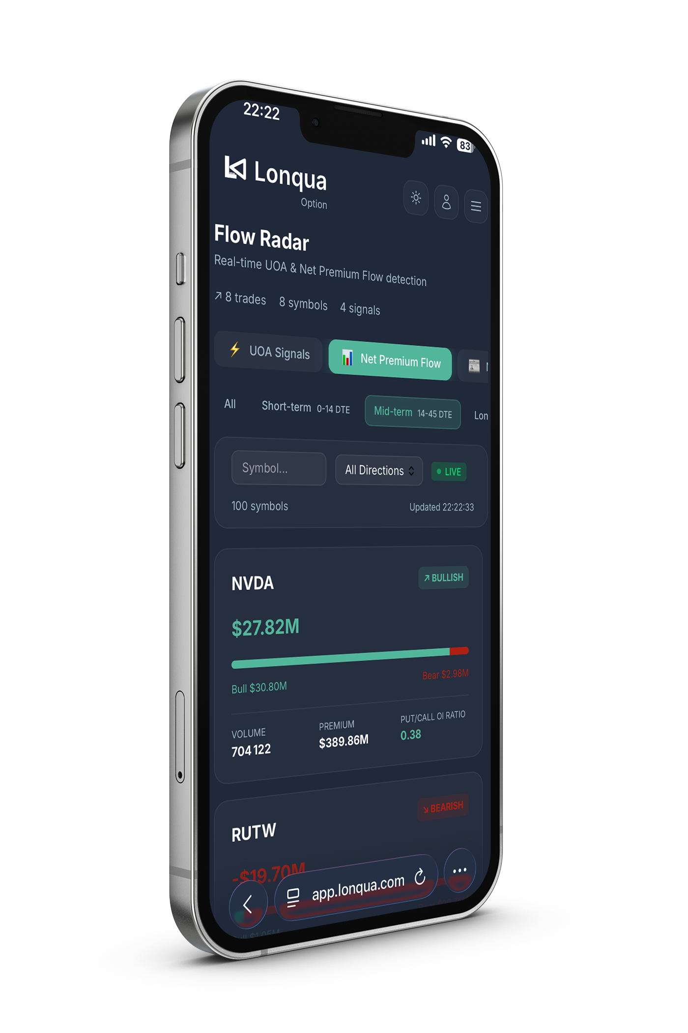 Lonqua Net Premium Flow — Flow Radar mobile mockup