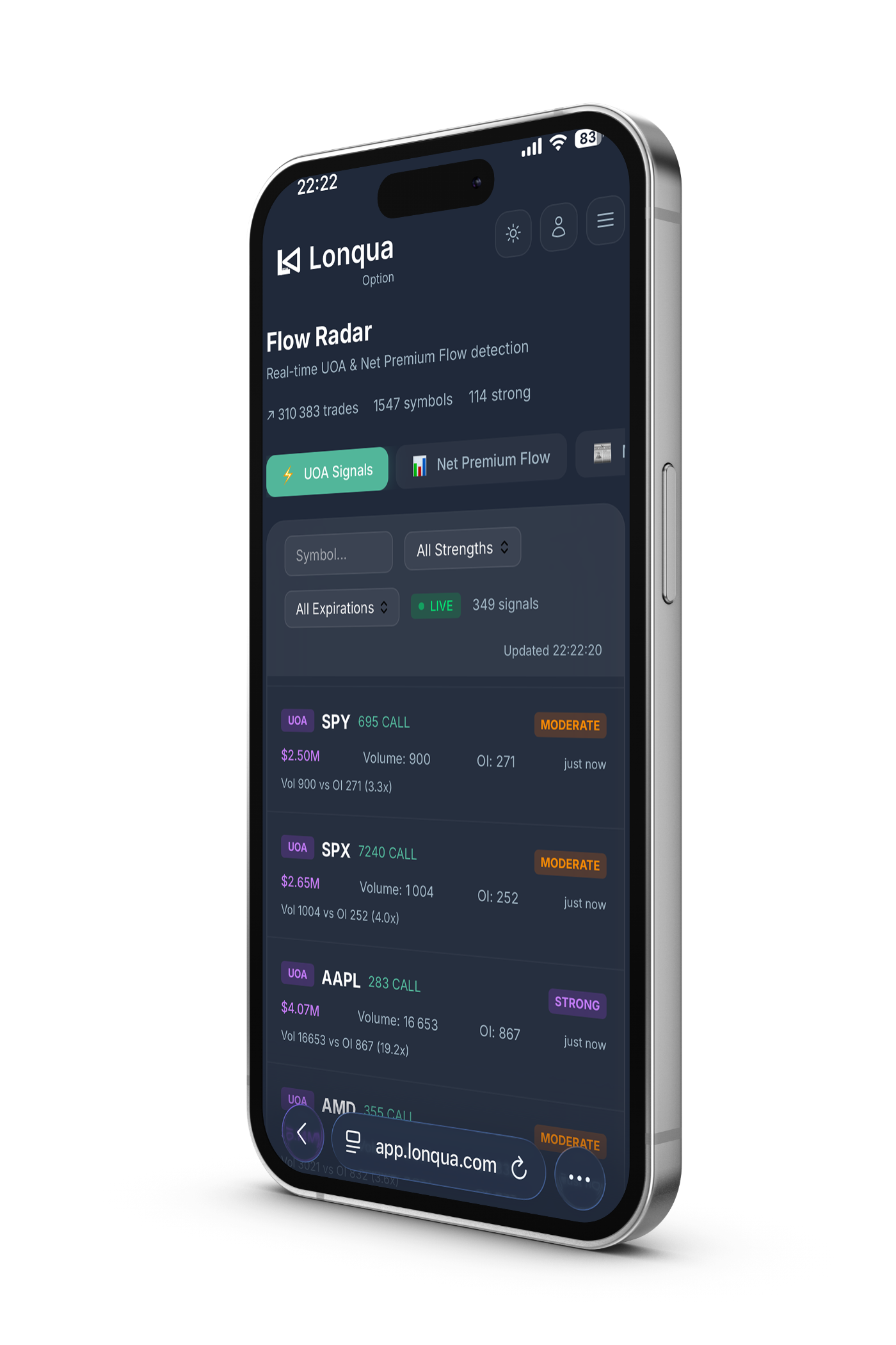 Lonqua UOA Signals — Flow Radar mobile mockup